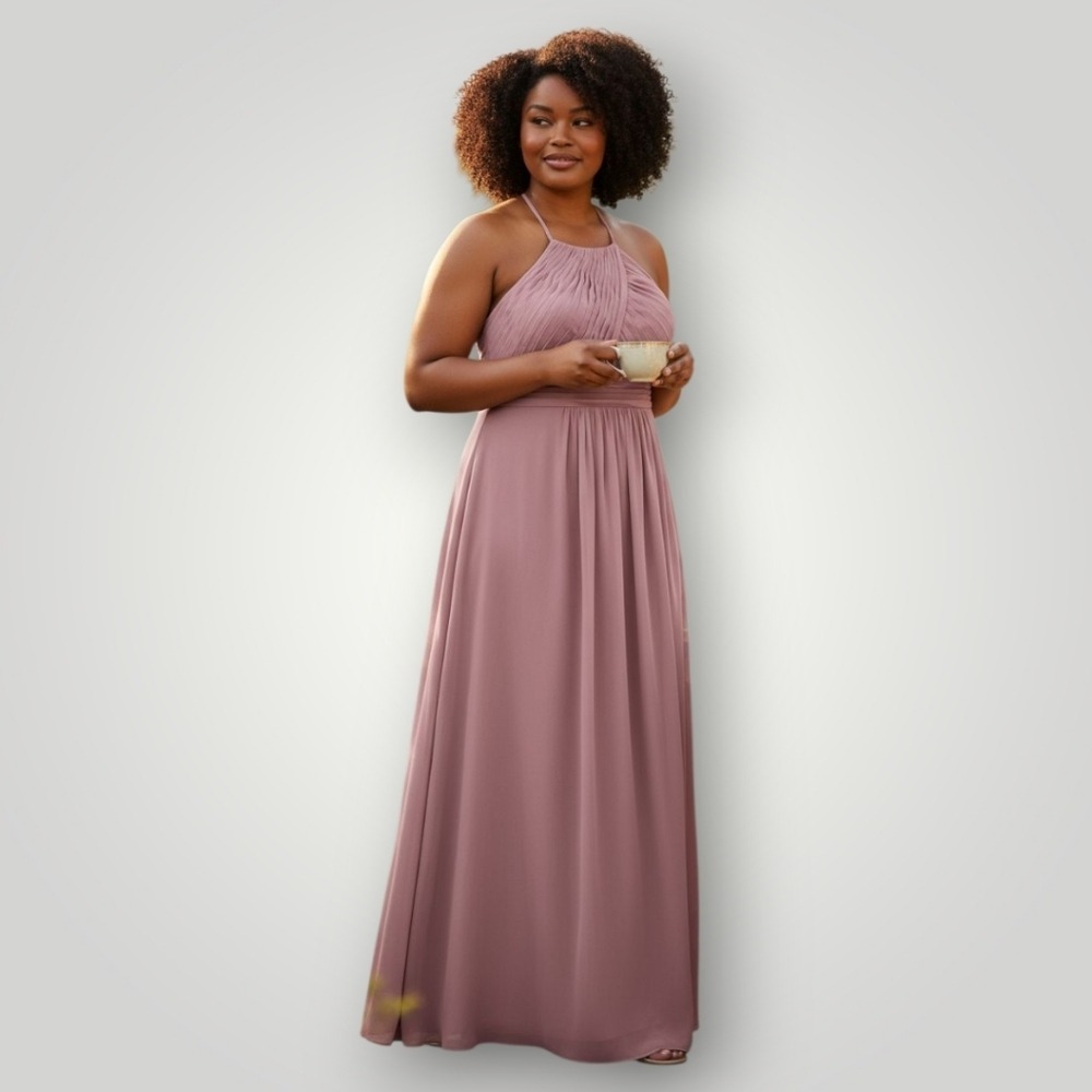 Azazie Dress Womens‎ A20 Gaia Vintage Mauve Pleated Bodice High Neck A-line New